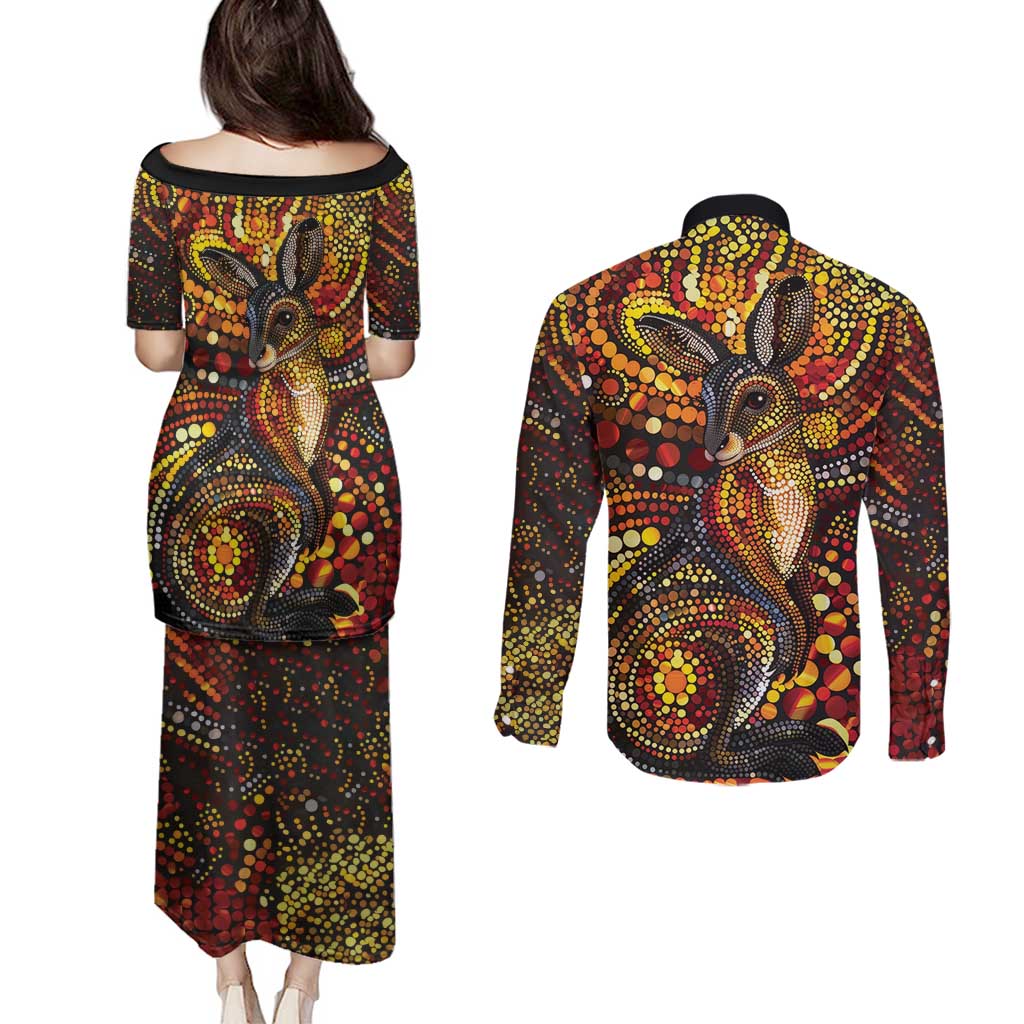 Kangaroo At Night Art Couples Matching Puletasi and Long Sleeve Button Shirt Aboriginal Dot Painting