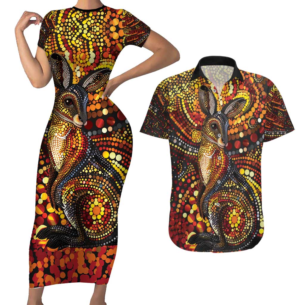 Kangaroo At Night Art Couples Matching Short Sleeve Bodycon Dress and Hawaiian Shirt Aboriginal Dot Painting