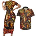 Kangaroo At Night Art Couples Matching Short Sleeve Bodycon Dress and Hawaiian Shirt Aboriginal Dot Painting