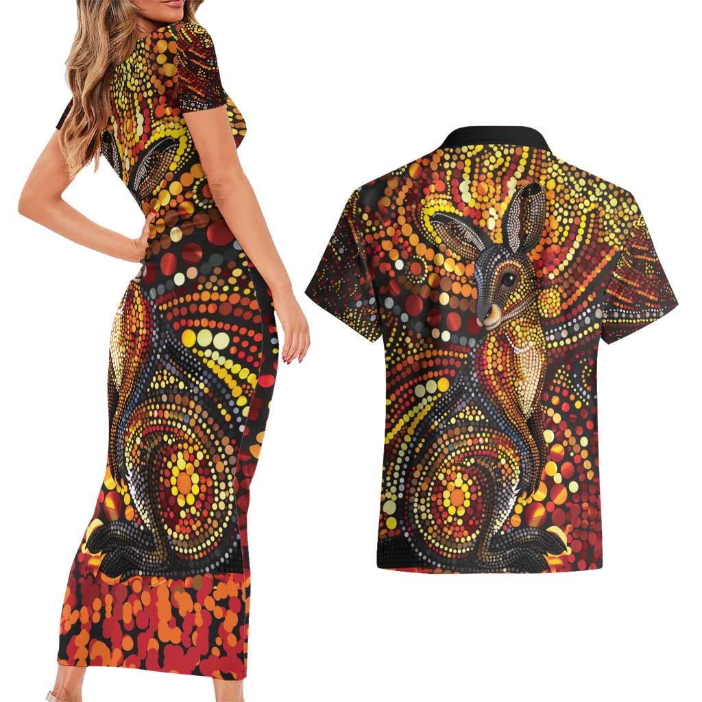Kangaroo At Night Art Couples Matching Short Sleeve Bodycon Dress and Hawaiian Shirt Aboriginal Dot Painting
