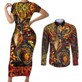 Kangaroo At Night Art Couples Matching Short Sleeve Bodycon Dress and Long Sleeve Button Shirt Aboriginal Dot Painting