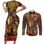 Kangaroo At Night Art Couples Matching Short Sleeve Bodycon Dress and Long Sleeve Button Shirt Aboriginal Dot Painting