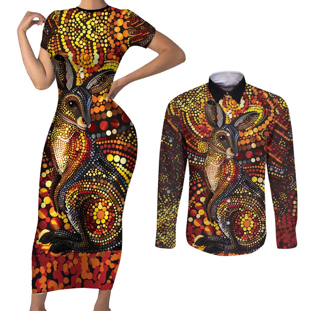 Kangaroo At Night Art Couples Matching Short Sleeve Bodycon Dress and Long Sleeve Button Shirt Aboriginal Dot Painting