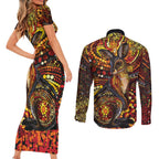 Kangaroo At Night Art Couples Matching Short Sleeve Bodycon Dress and Long Sleeve Button Shirt Aboriginal Dot Painting