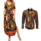 Kangaroo At Night Art Couples Matching Summer Maxi Dress and Long Sleeve Button Shirt Aboriginal Dot Painting