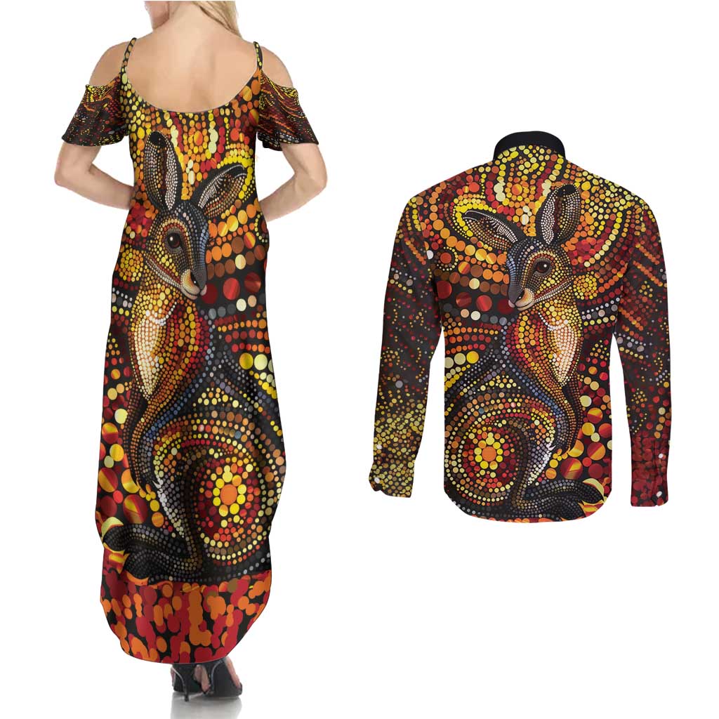 Kangaroo At Night Art Couples Matching Summer Maxi Dress and Long Sleeve Button Shirt Aboriginal Dot Painting