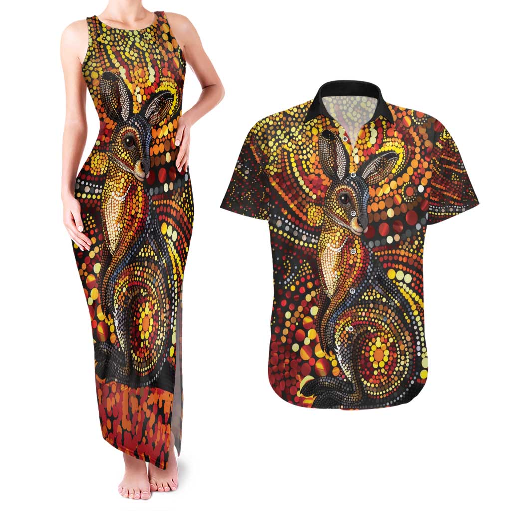 Kangaroo At Night Art Couples Matching Tank Maxi Dress and Hawaiian Shirt Aboriginal Dot Painting