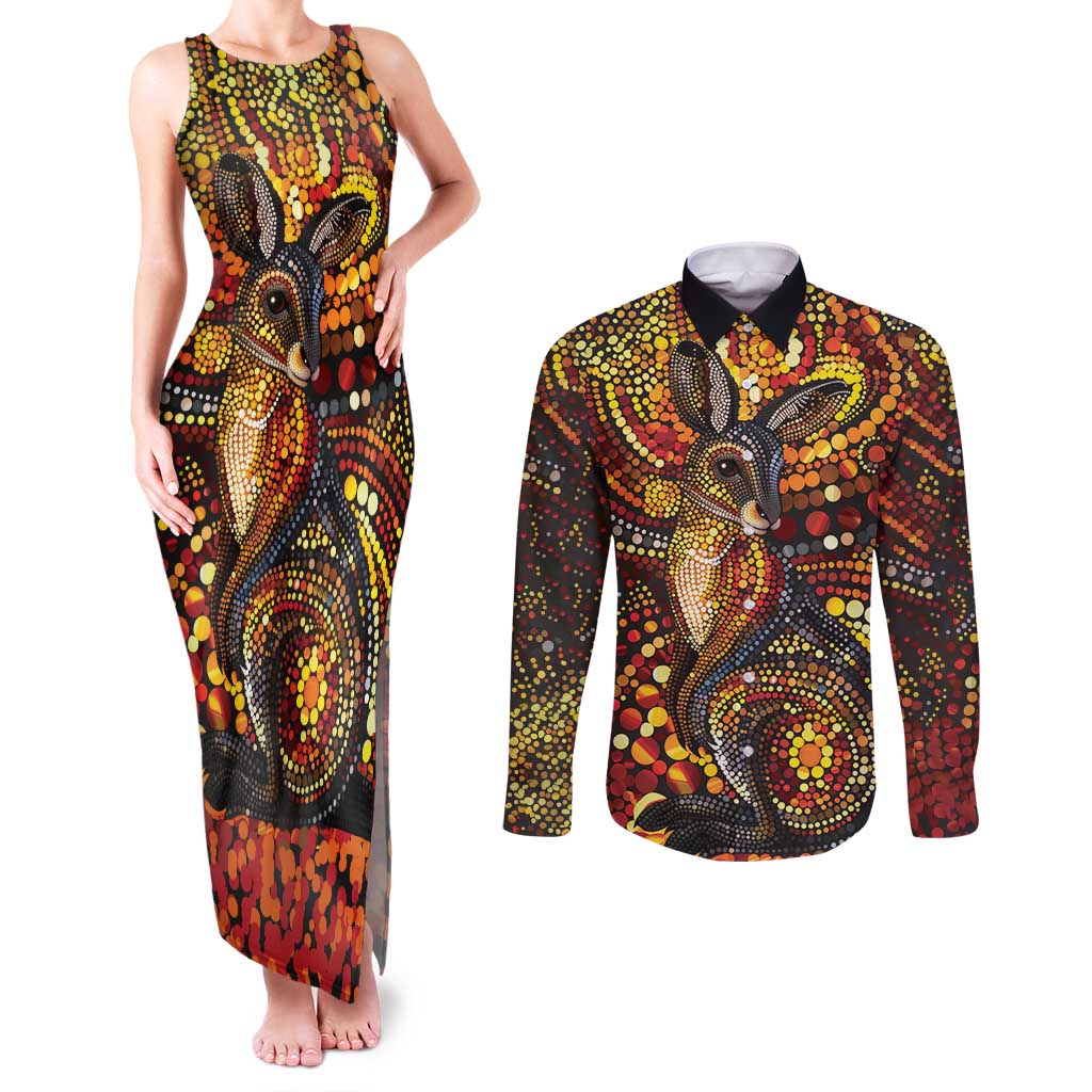 Kangaroo At Night Art Couples Matching Tank Maxi Dress and Long Sleeve Button Shirt Aboriginal Dot Painting