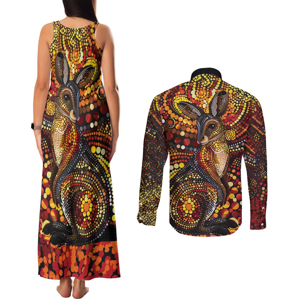 Kangaroo At Night Art Couples Matching Tank Maxi Dress and Long Sleeve Button Shirt Aboriginal Dot Painting