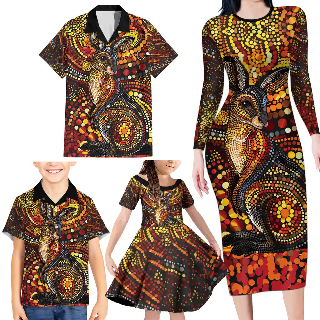 Kangaroo At Night Art Family Matching Long Sleeve Bodycon Dress and Hawaiian Shirt Aboriginal Dot Painting