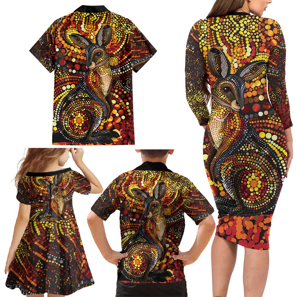 Kangaroo At Night Art Family Matching Long Sleeve Bodycon Dress and Hawaiian Shirt Aboriginal Dot Painting
