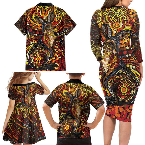 Kangaroo At Night Art Family Matching Long Sleeve Bodycon Dress and Hawaiian Shirt Aboriginal Dot Painting