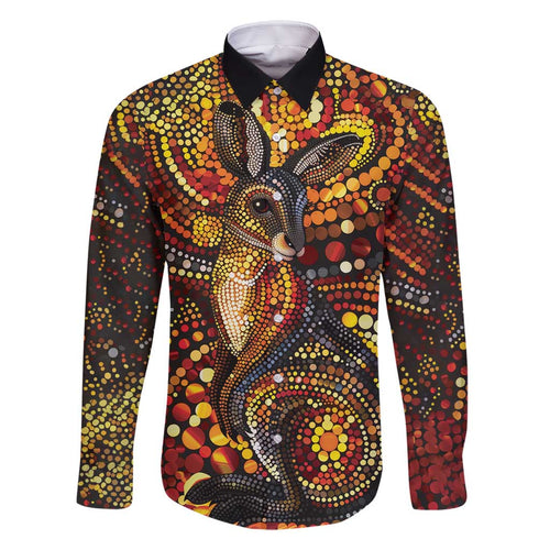 Kangaroo At Night Art Family Matching Long Sleeve Bodycon Dress and Hawaiian Shirt Aboriginal Dot Painting