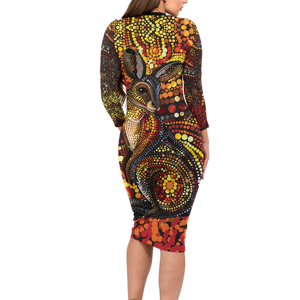 Kangaroo At Night Art Family Matching Long Sleeve Bodycon Dress and Hawaiian Shirt Aboriginal Dot Painting
