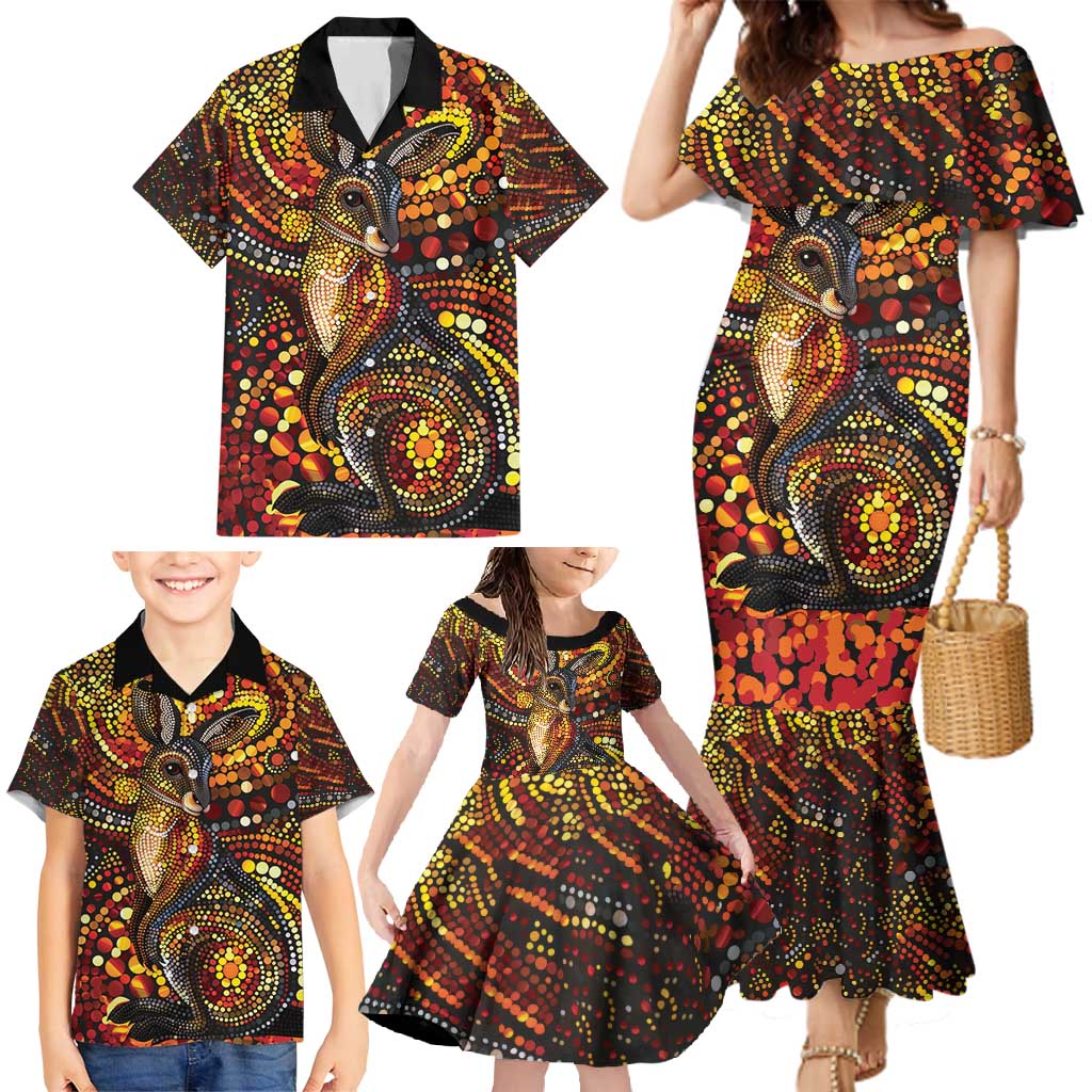Kangaroo At Night Art Family Matching Mermaid Dress and Hawaiian Shirt Aboriginal Dot Painting