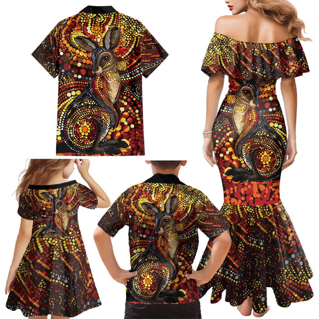 Kangaroo At Night Art Family Matching Mermaid Dress and Hawaiian Shirt Aboriginal Dot Painting