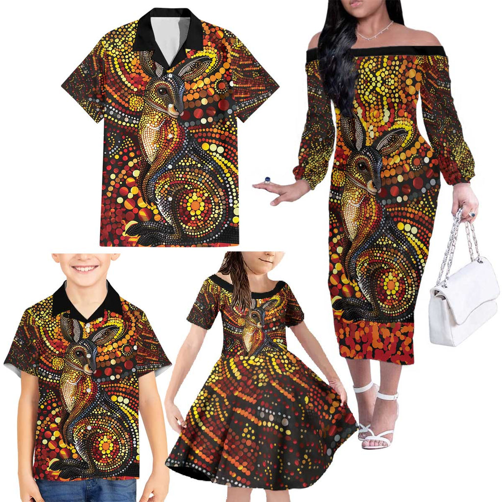 Kangaroo At Night Art Family Matching Off The Shoulder Long Sleeve Dress and Hawaiian Shirt Aboriginal Dot Painting