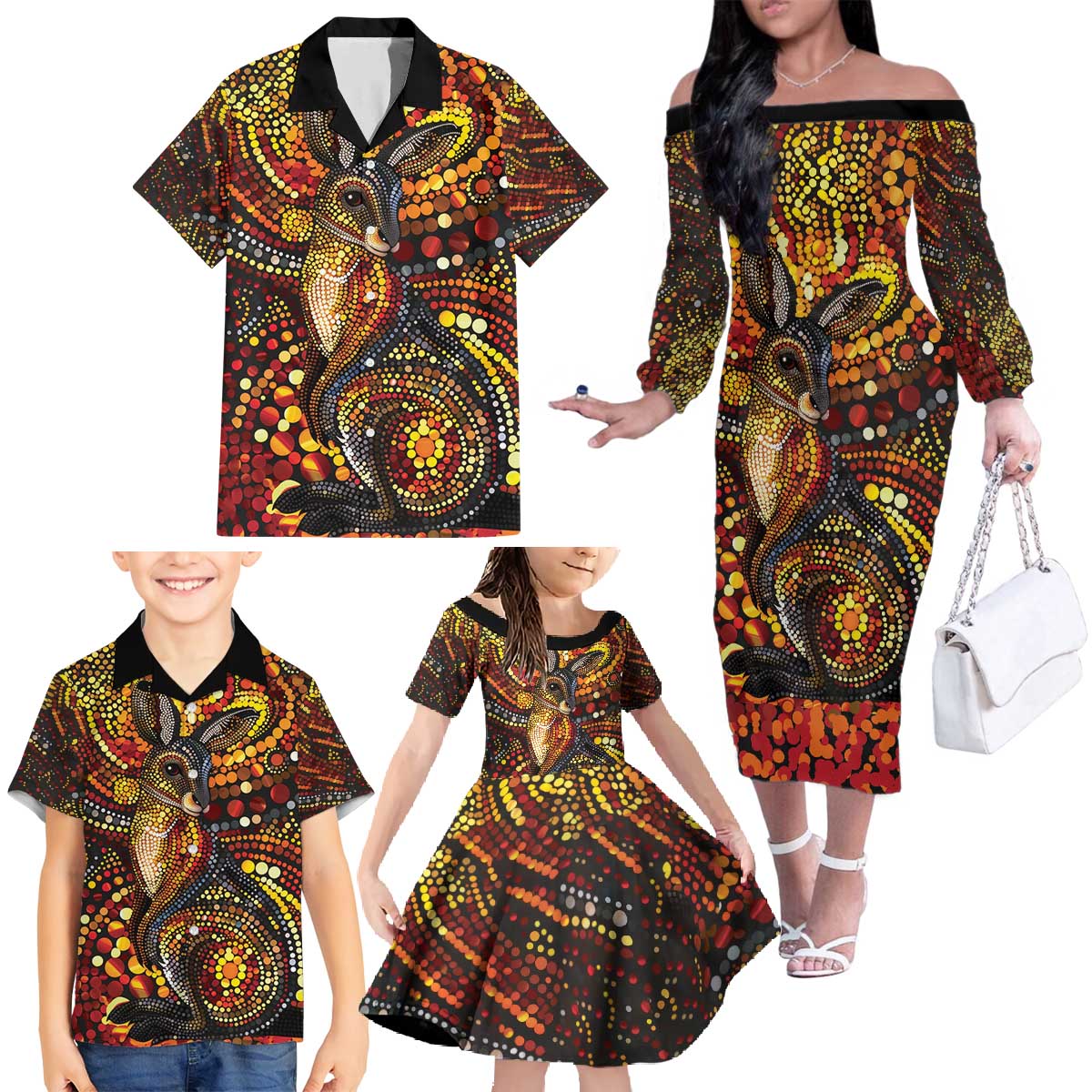 Kangaroo At Night Art Family Matching Off The Shoulder Long Sleeve Dress and Hawaiian Shirt Aboriginal Dot Painting