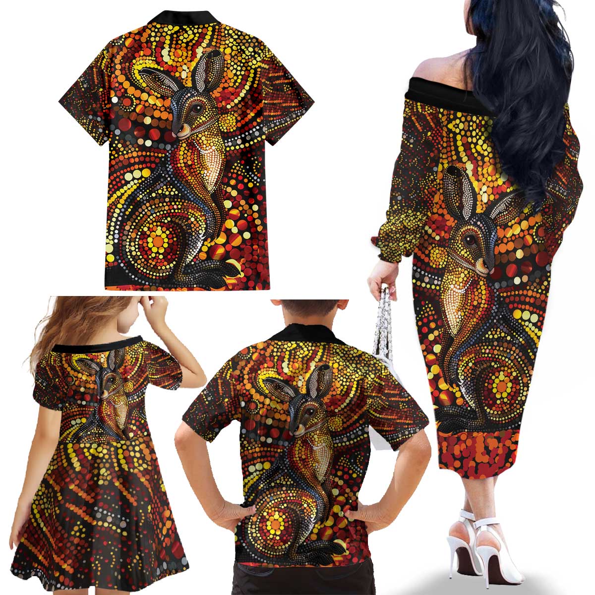 Kangaroo At Night Art Family Matching Off The Shoulder Long Sleeve Dress and Hawaiian Shirt Aboriginal Dot Painting