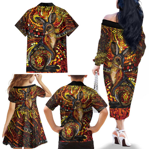 Kangaroo At Night Art Family Matching Off The Shoulder Long Sleeve Dress and Hawaiian Shirt Aboriginal Dot Painting