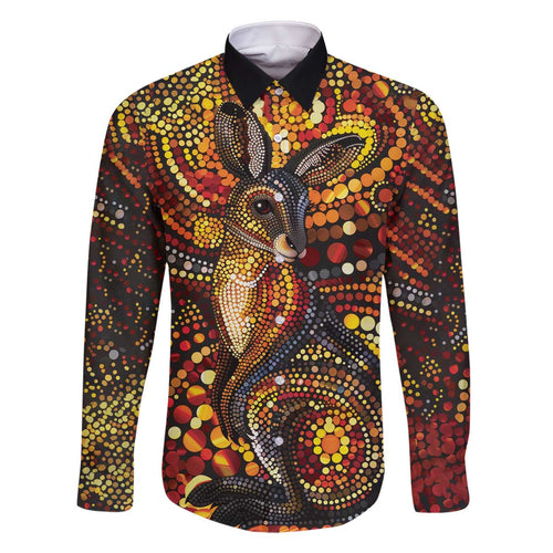 Kangaroo At Night Art Family Matching Off The Shoulder Long Sleeve Dress and Hawaiian Shirt Aboriginal Dot Painting
