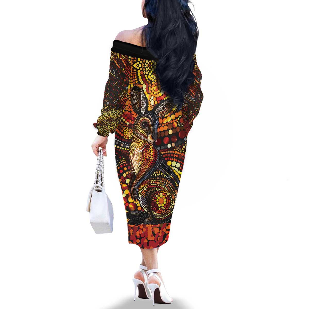 Kangaroo At Night Art Family Matching Off The Shoulder Long Sleeve Dress and Hawaiian Shirt Aboriginal Dot Painting