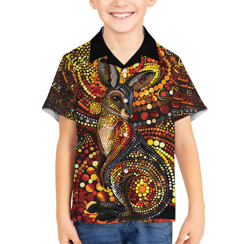 Kangaroo At Night Art Family Matching Off The Shoulder Long Sleeve Dress and Hawaiian Shirt Aboriginal Dot Painting
