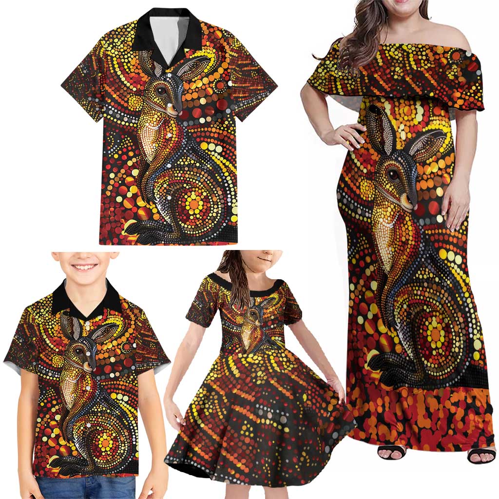 Kangaroo At Night Art Family Matching Off Shoulder Maxi Dress and Hawaiian Shirt Aboriginal Dot Painting