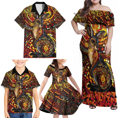 Kangaroo At Night Art Family Matching Off Shoulder Maxi Dress and Hawaiian Shirt Aboriginal Dot Painting