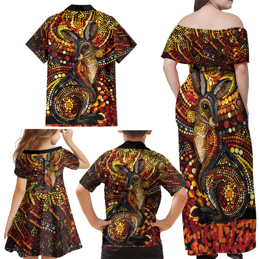 Kangaroo At Night Art Family Matching Off Shoulder Maxi Dress and Hawaiian Shirt Aboriginal Dot Painting