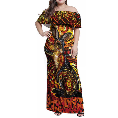 Kangaroo At Night Art Family Matching Off Shoulder Maxi Dress and Hawaiian Shirt Aboriginal Dot Painting
