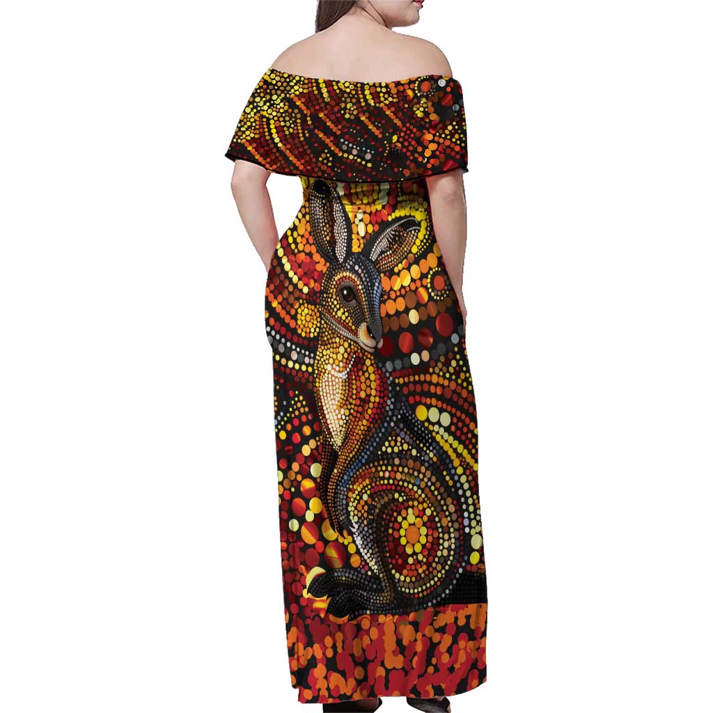 Kangaroo At Night Art Family Matching Off Shoulder Maxi Dress and Hawaiian Shirt Aboriginal Dot Painting