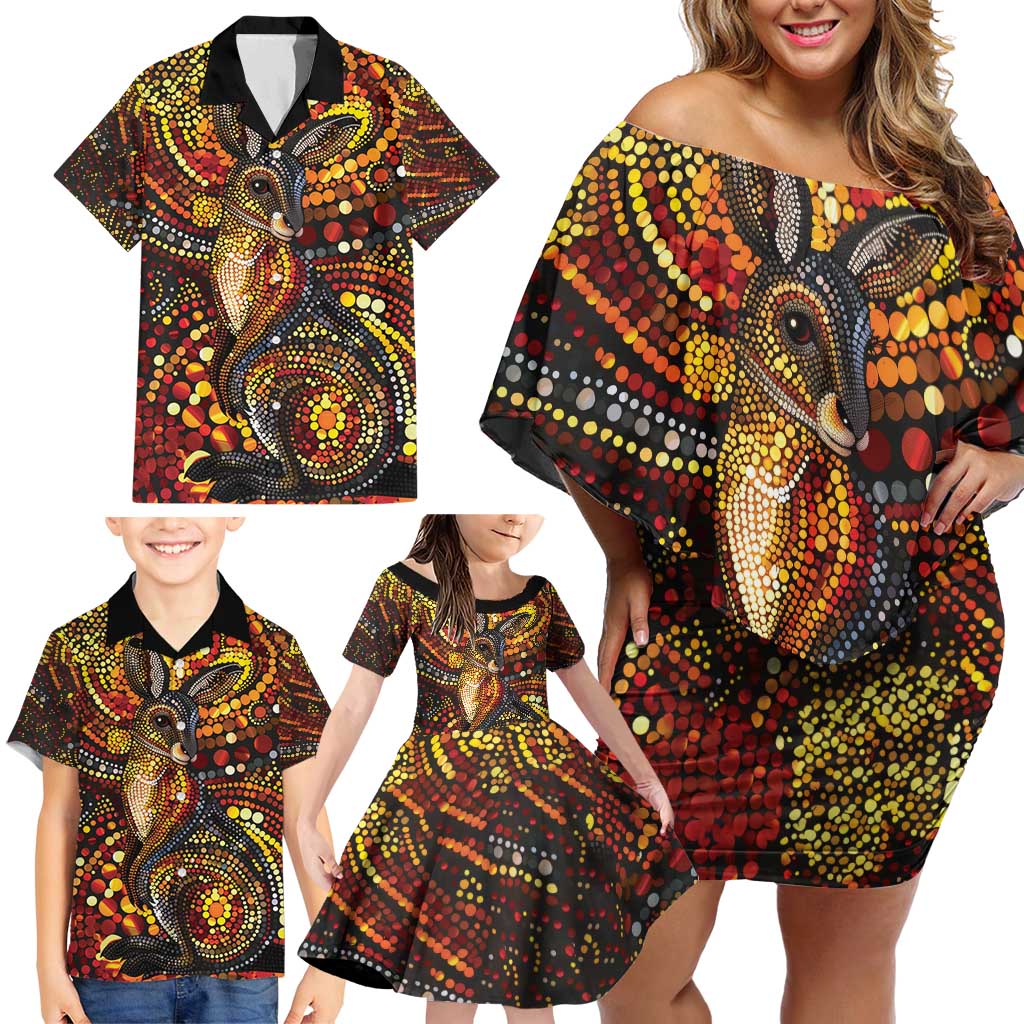 Kangaroo At Night Art Family Matching Off Shoulder Short Dress and Hawaiian Shirt Aboriginal Dot Painting