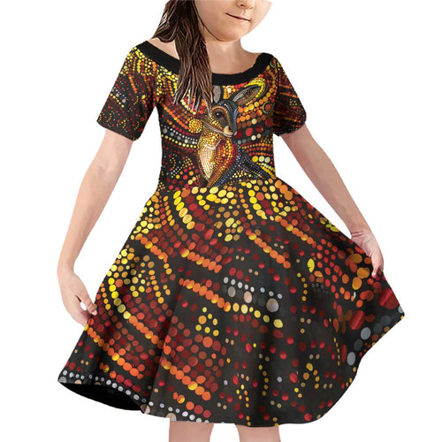 Kangaroo At Night Art Family Matching Off Shoulder Short Dress and Hawaiian Shirt Aboriginal Dot Painting