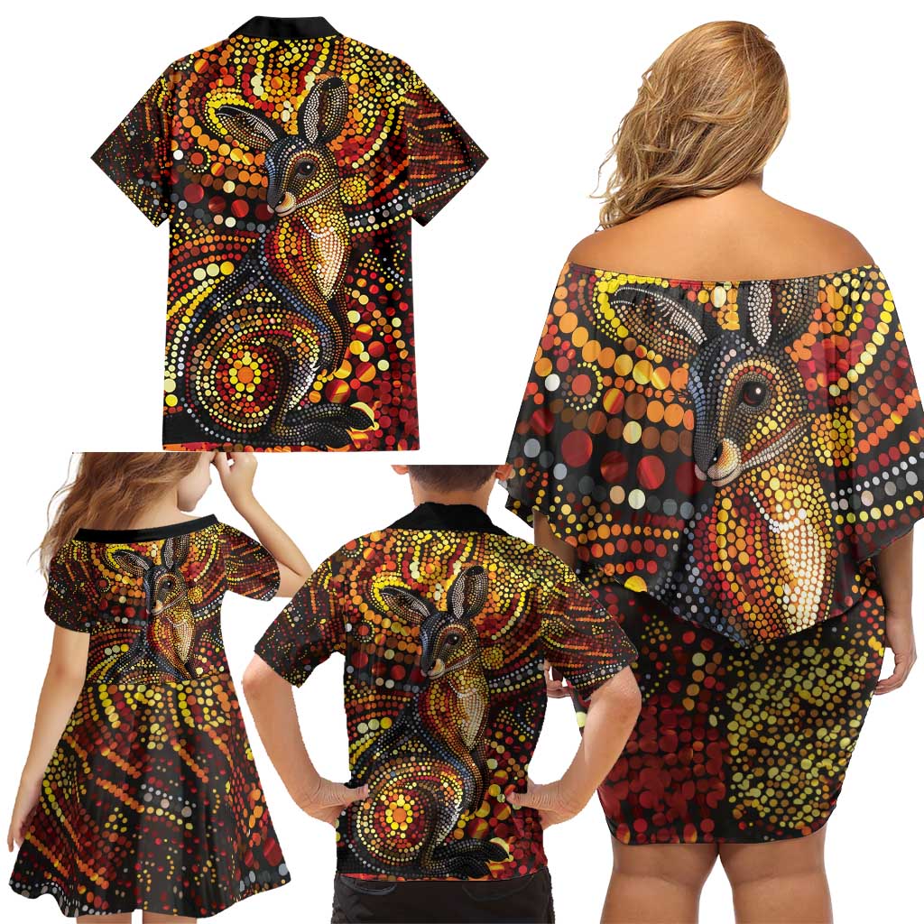 Kangaroo At Night Art Family Matching Off Shoulder Short Dress and Hawaiian Shirt Aboriginal Dot Painting