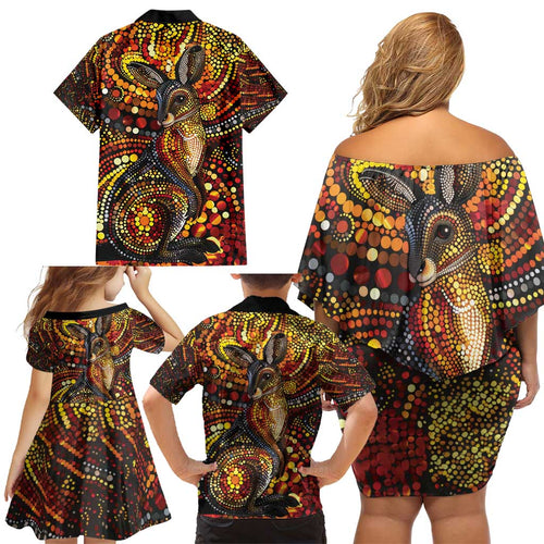 Kangaroo At Night Art Family Matching Off Shoulder Short Dress and Hawaiian Shirt Aboriginal Dot Painting