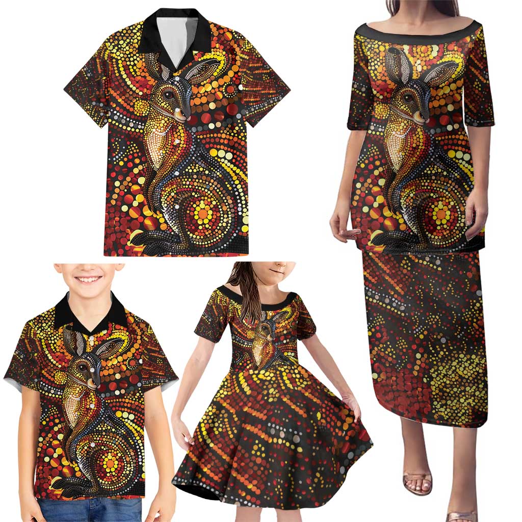 Kangaroo At Night Art Family Matching Puletasi and Hawaiian Shirt Aboriginal Dot Painting