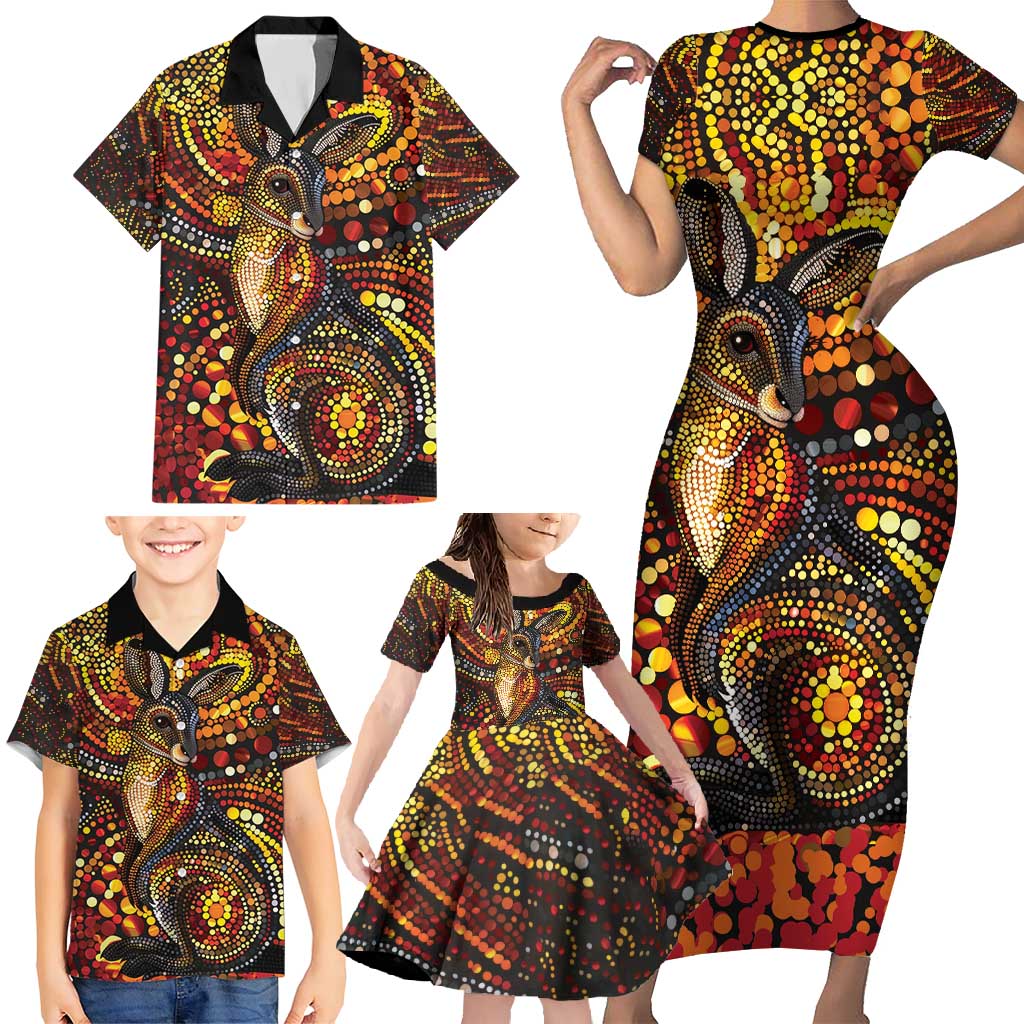 Kangaroo At Night Art Family Matching Short Sleeve Bodycon Dress and Hawaiian Shirt Aboriginal Dot Painting