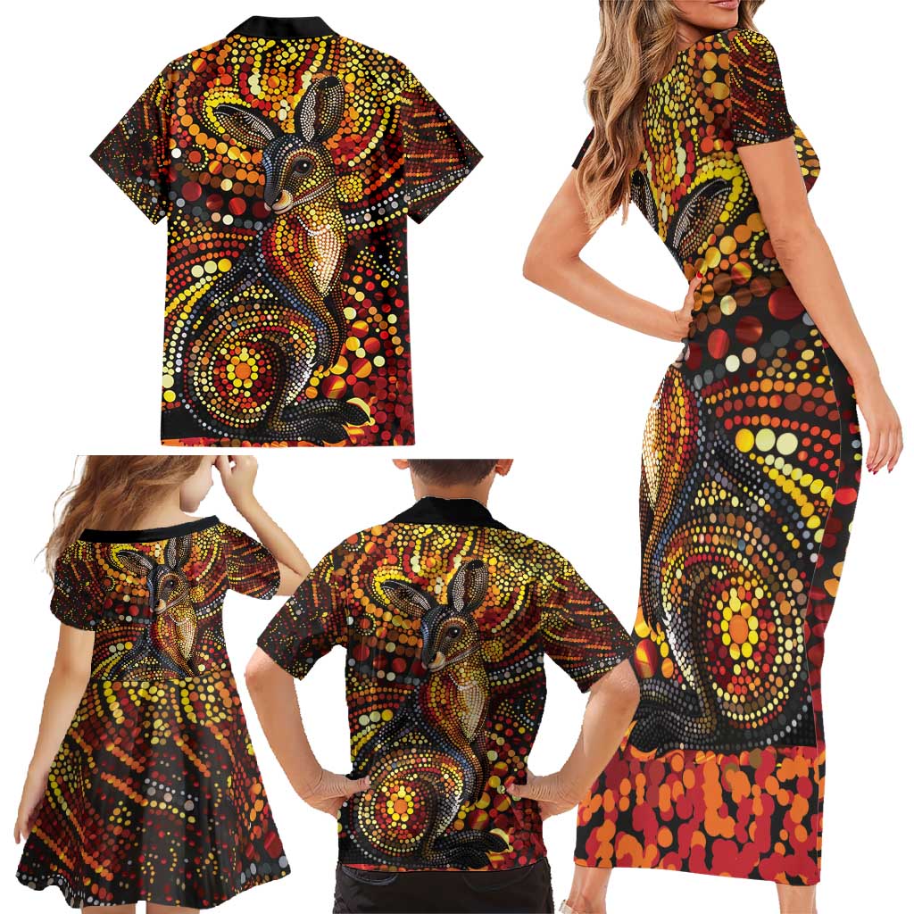 Kangaroo At Night Art Family Matching Short Sleeve Bodycon Dress and Hawaiian Shirt Aboriginal Dot Painting