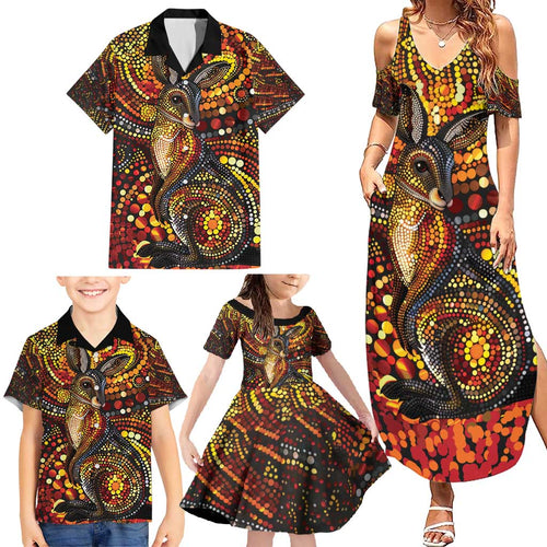 Kangaroo At Night Art Family Matching Summer Maxi Dress and Hawaiian Shirt Aboriginal Dot Painting