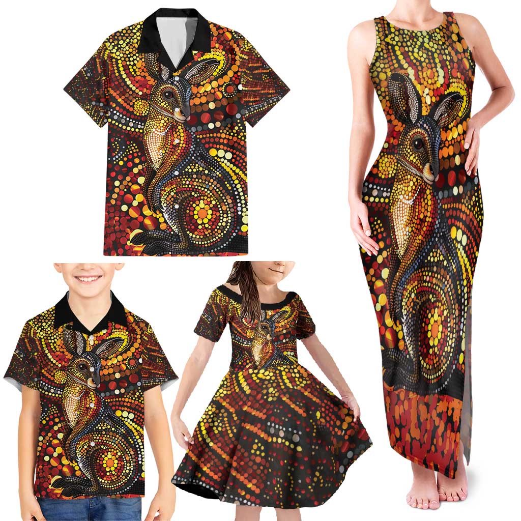 Kangaroo At Night Art Family Matching Tank Maxi Dress and Hawaiian Shirt Aboriginal Dot Painting