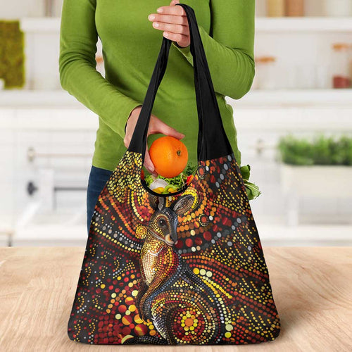 Kangaroo At Night Art Grocery Bag Aboriginal Dot Painting