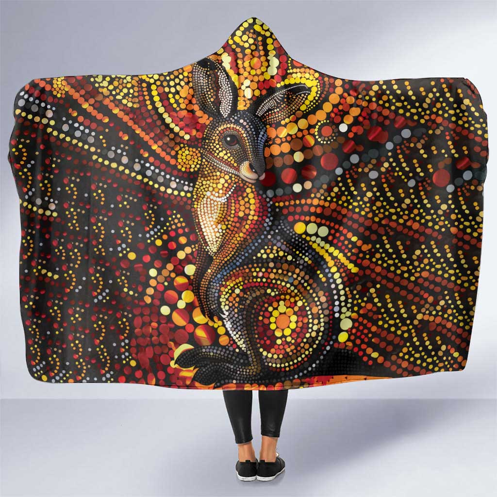 Kangaroo At Night Art Hooded Blanket Aboriginal Dot Painting