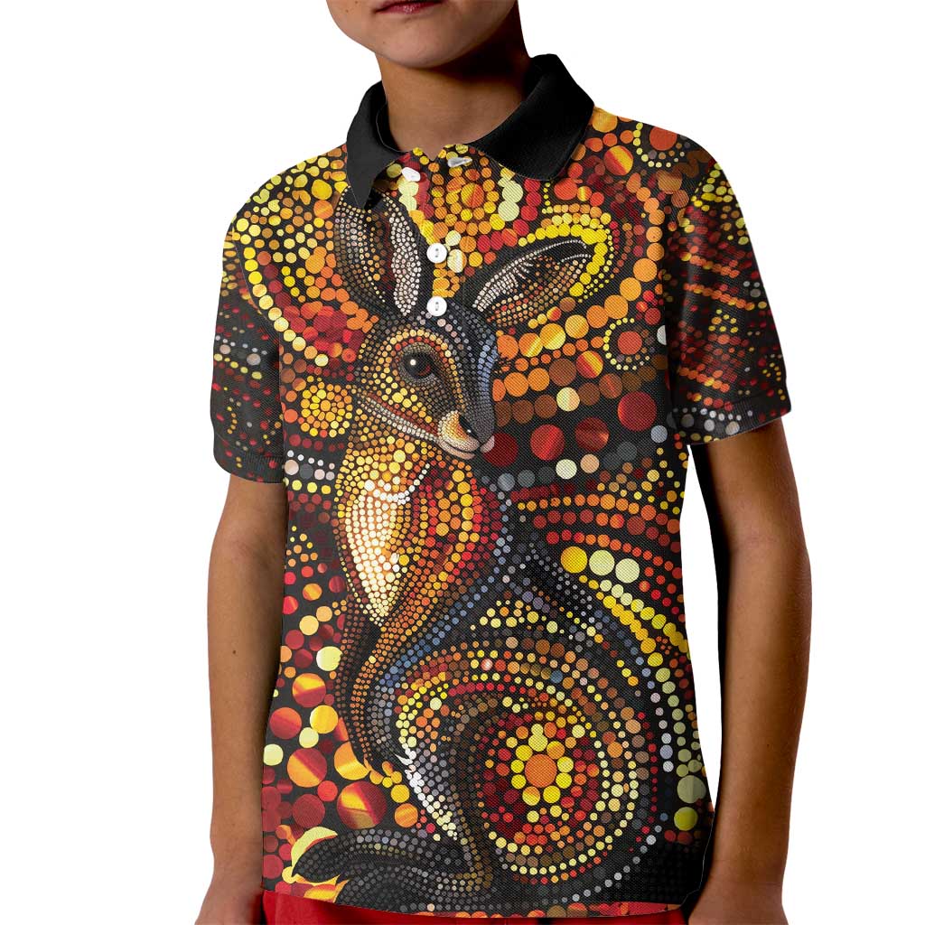 Kangaroo At Night Art Kid Polo Shirt Aboriginal Dot Painting