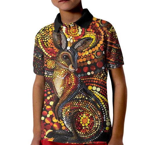 Kangaroo At Night Art Kid Polo Shirt Aboriginal Dot Painting