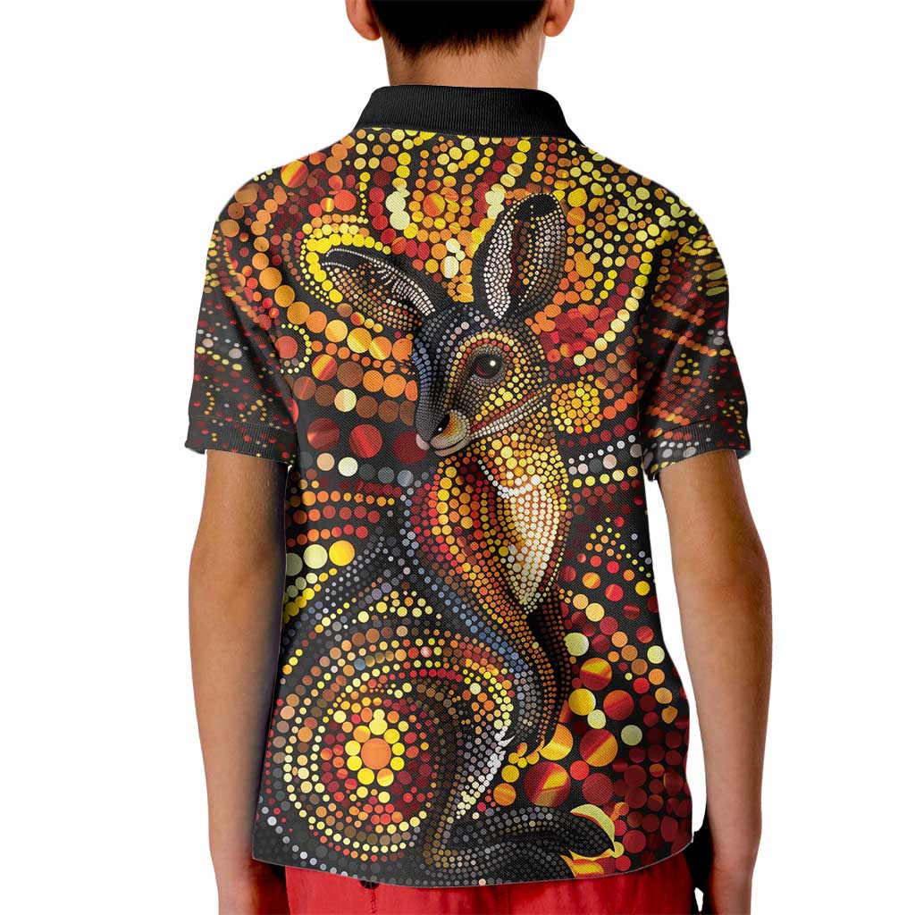Kangaroo At Night Art Kid Polo Shirt Aboriginal Dot Painting