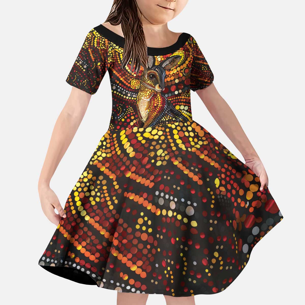 Kangaroo At Night Art Kid Short Sleeve Dress Aboriginal Dot Painting