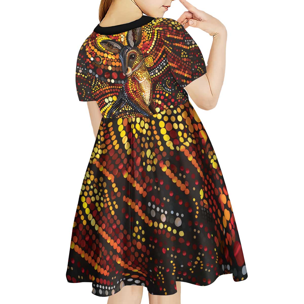 Kangaroo At Night Art Kid Short Sleeve Dress Aboriginal Dot Painting
