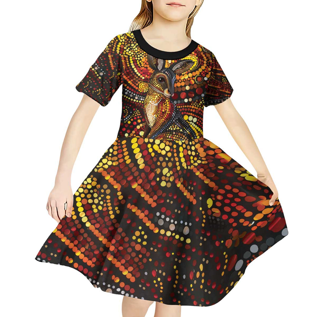 Kangaroo At Night Art Kid Short Sleeve Dress Aboriginal Dot Painting