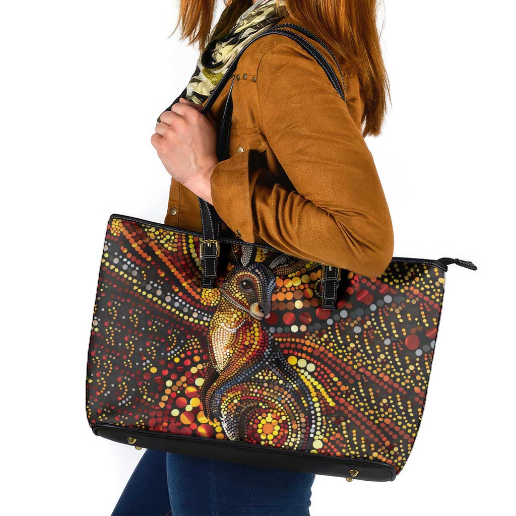 Kangaroo At Night Art Leather Tote Bag Aboriginal Dot Painting